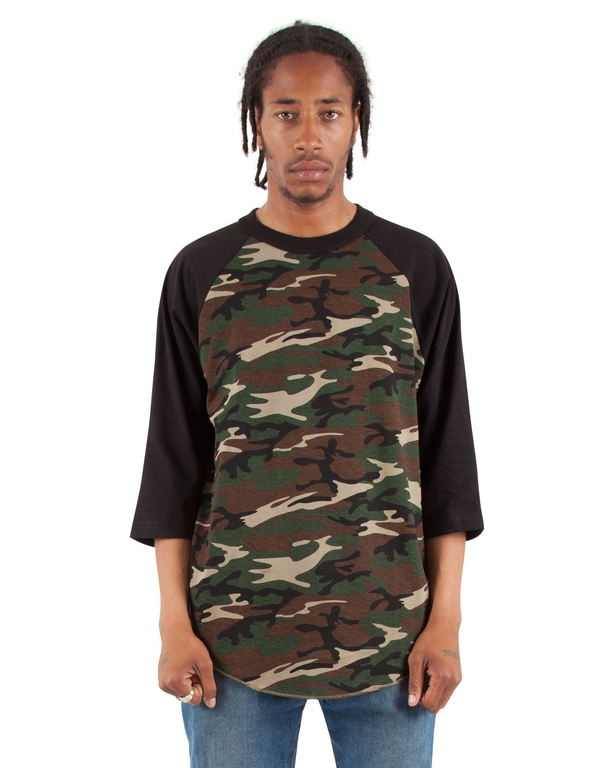 stole Ansøger sne Adult raglan Black T-shirt with Camo Sleeves – Lucky Wholesale