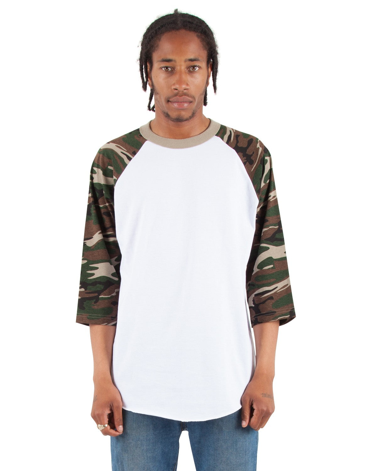sengetøj Messing oprindelse Adult raglan White T-shirt with Camo Sleeves – Lucky Wholesale