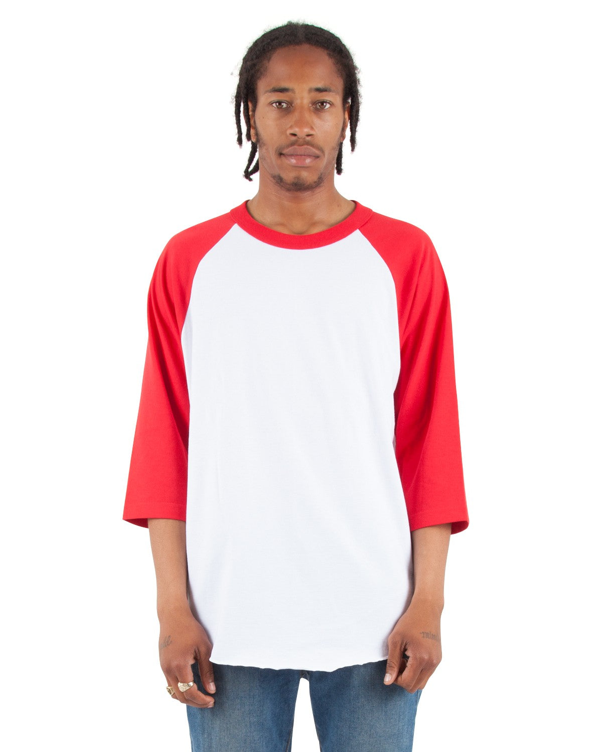 Adult raglan White T-shirt with Red Sleeves – Lucky Wholesale